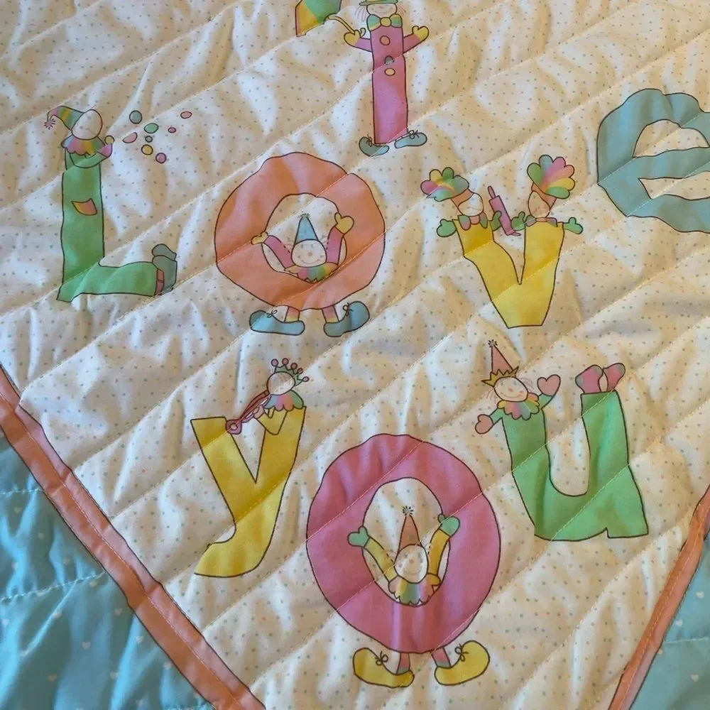 Vintage Quilted I Love You Clown Baby Blanket 39x30